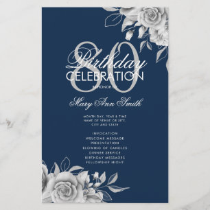 Floral 80th Birthday Program Silver Navy w/ Menu