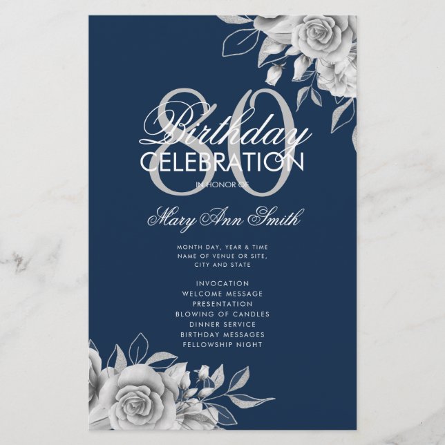 Floral 80th Birthday Program Silver Navy w/ Menu (Front)