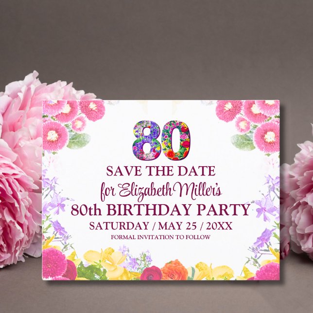  Floral 80th birthday save the date 80 elegant  Postcard (Creator Uploaded)
