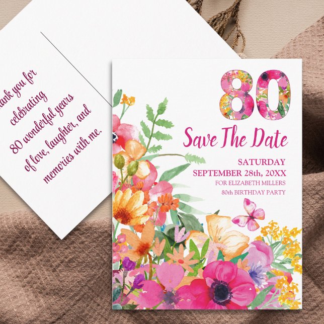 Floral 80th Birthday Save The Date - Chic 80 Years Announcement Postcard (Creator Uploaded)