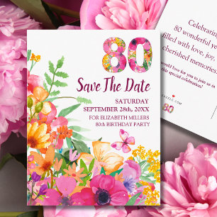 Floral 80th Birthday Save The Date, Elegant 80  Announcement Postcard