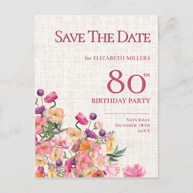 Floral 80th Birthday Save The Date, Elegant Garden Announcement Postcard (Front)
