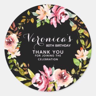 Floral   80th Birthday Thank You  Black Classic Round Sticker