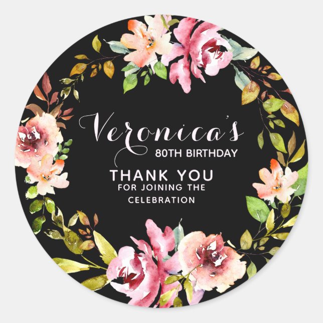 Floral | 80th Birthday Thank You| Black Classic Round Sticker (Front)