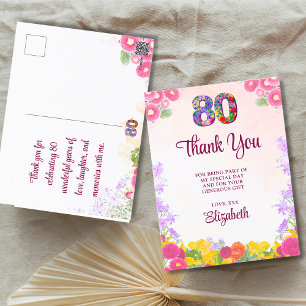 Floral 80th birthday thank you card 80 flower chic