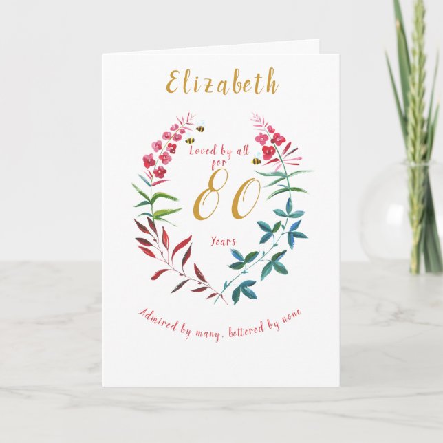 Floral 80th Birthday Watercolor Red Blue flowers Card (Front)