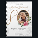Floral 80th Birthday White Gold Photo Guestbook Notebook<br><div class="desc">Floral 80th Birthday White Gold Photo Guestbook notebook. A delicate and feminine floral and botanical themed birthday party guestbook. It features beautiful flowers surrounding the photo of the birthday person all with a hint of vintage classiness! Need help with this design? Send the designer a message by clicking on the...</div>