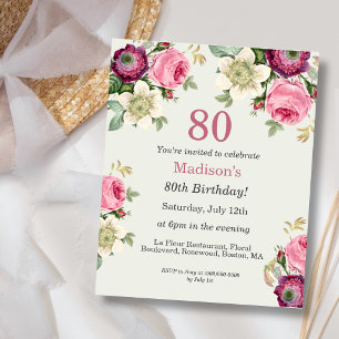 Floral 80th Budget Birthday Invitation