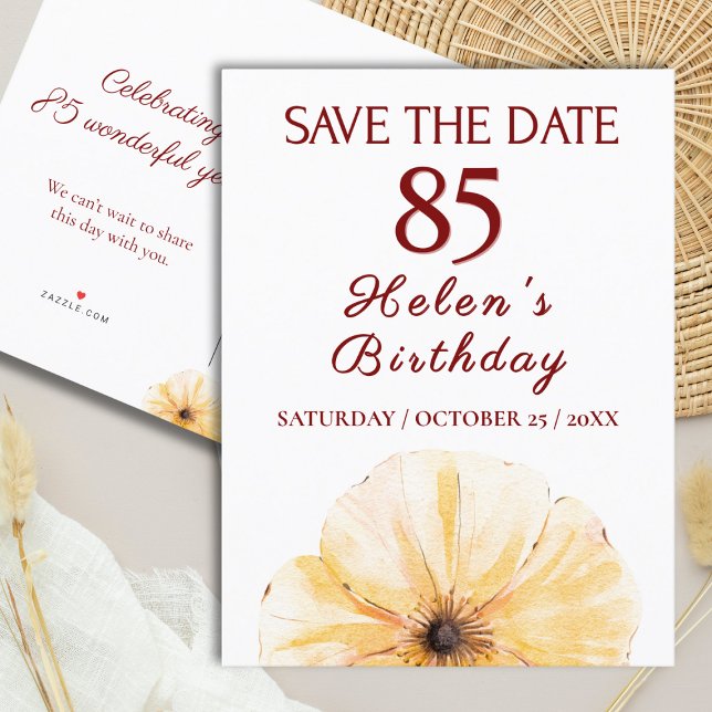 Floral 85th Birthday – Elegant Yellow Bloom Design Announcement Postcard (Creator Uploaded)