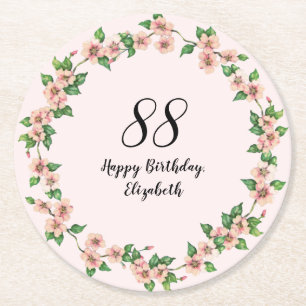 Floral 88th Birthday Pretty Blush Pink Round Paper Coaster