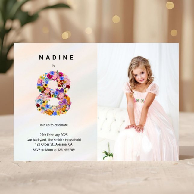 Floral 8th Birthday Invitation Spring Modern Style (Spring Floral Themed Birthday Party Invitation, 8th Birthday Photo Invitation, Eight Year Old Girl B)