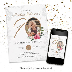 Floral 90th Birthday Black Gold Botanical Custom Invitation