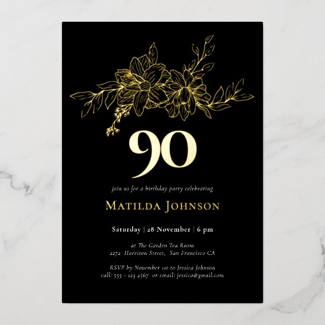 Floral 90th Birthday Gold Foil Invitation (Front)