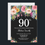 Floral 90th Birthday Invitation<br><div class="desc">Floral 90th Birthday Invitation for Women. Watercolor Floral Flower. Black Chalkboard Background. Pink,  Yellow,  Orange,  Purple Flower. Adult Birthday. For further customisation,  please click the "Customise it" button and use our design tool to modify this template.</div>