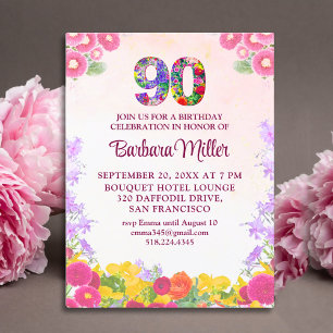 Floral 90th Birthday Invitation, Elegant 90 Years Postcard