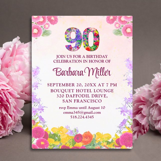 Floral 90th Birthday Invitation, Elegant 90 Years Postcard (Creator Uploaded)
