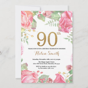 Floral 90th Birthday Invitation Gold Glitter