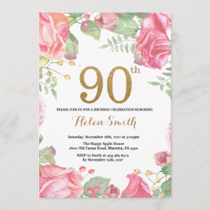 Floral 90th Birthday Invitation Gold Glitter