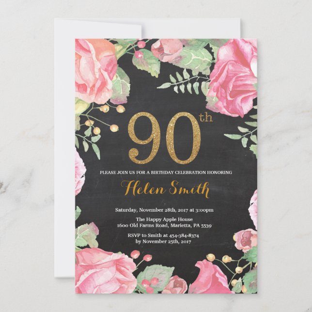 Floral 90th Birthday Invitation Gold Glitter (Front)