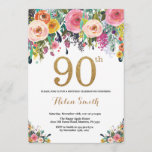 Floral 90th Birthday Invitation Gold Glitter<br><div class="desc">Floral 90th Birthday Invitation for Women. Watercolor Floral Flower. Gold Glitter. Pink,  Yellow,  Orange,  Purple Flower. Adult Birthday. For further customisation,  please click the "Customise it" button and use our design tool to modify this template.</div>