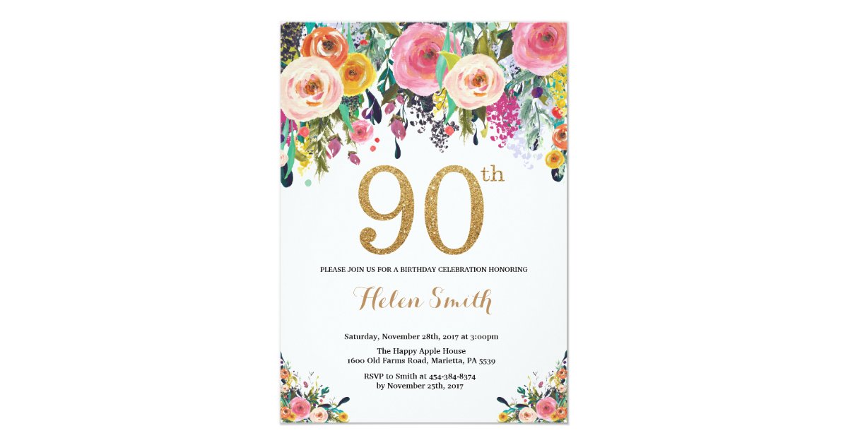 Floral 90th Birthday Invitation Gold Glitter | Zazzle.com.au