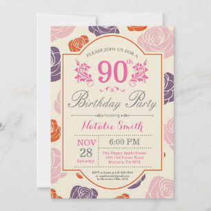 Floral 90th Birthday Invitation Pink Roses