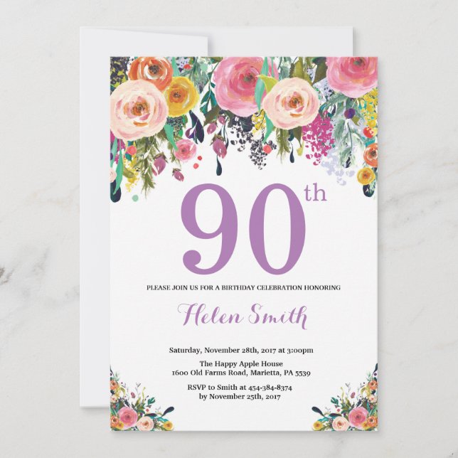 Floral 90th Birthday Invitation Purple (Front)