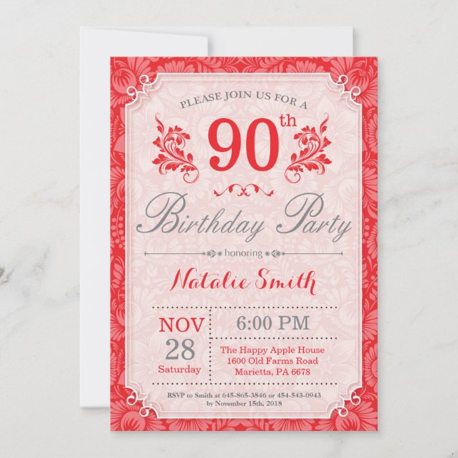 Floral 90th Birthday Invitation Red for Women (Front)