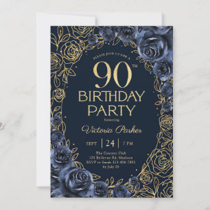 Floral 90th Birthday Navy Blue Gold Invitation