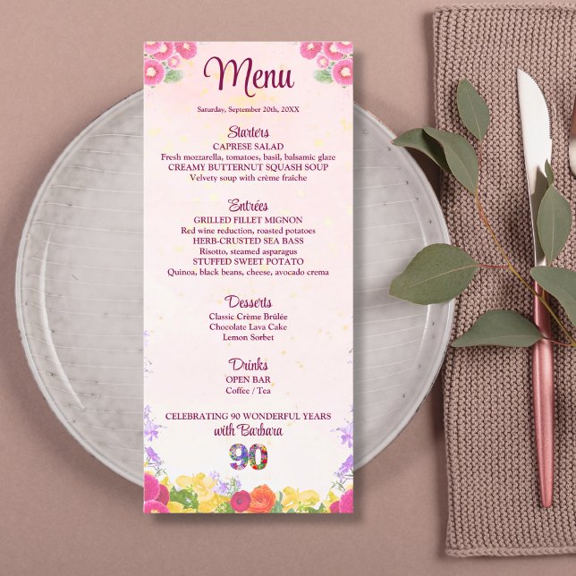 Floral 90th Birthday Party -  Elegant Pastel 90 Menu (Creator Uploaded)