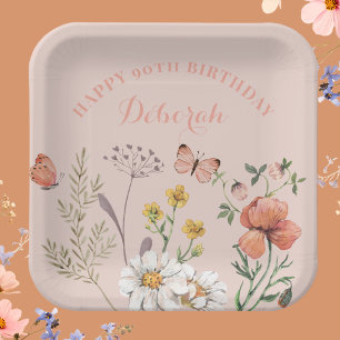 Floral 90th Birthday Party Paper Plate
