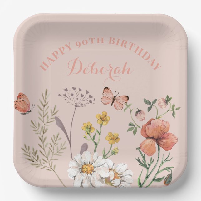 Floral 90th Birthday Party  Paper Plate (Front)