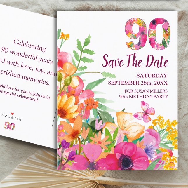 Floral 90th Birthday Save The Date, Elegant 90 Ann Announcement Postcard (Creator Uploaded)