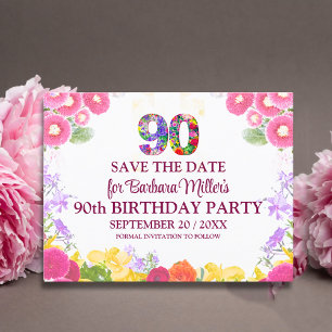  Floral 90th birthday save the date, elegant 90 Announcement Postcard