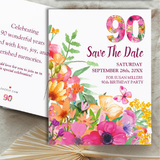 Floral 90th Birthday Save The Date, Elegant 90 Announcement Postcard