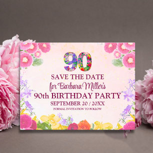  Floral 90th birthday save the date - pastel 90 Announcement Postcard
