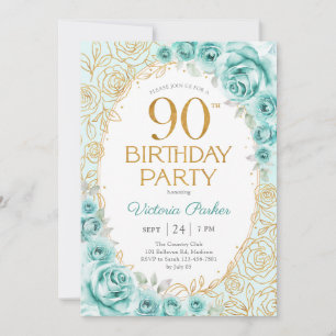 Floral 90th Birthday Turquoise Gold Invitation
