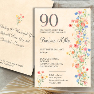 Floral 90th Birthday - Wildflowers 90 Years Party Invitation