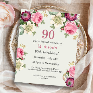 Floral 90th Budget Birthday Invitation