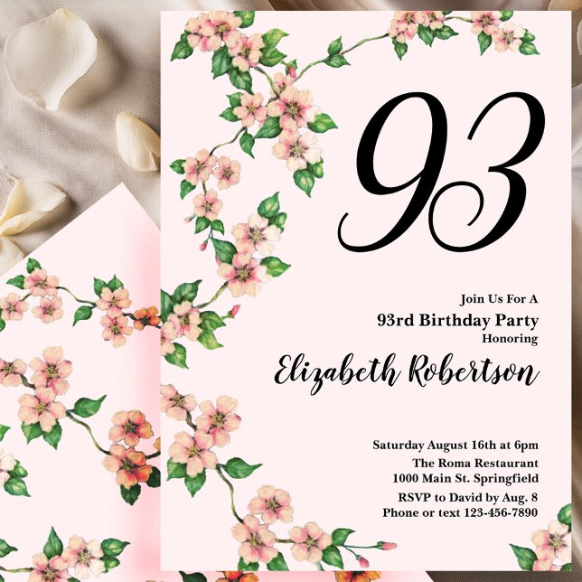 Floral 93rd Birthday Invitation in Blush Pink (Creator Uploaded)