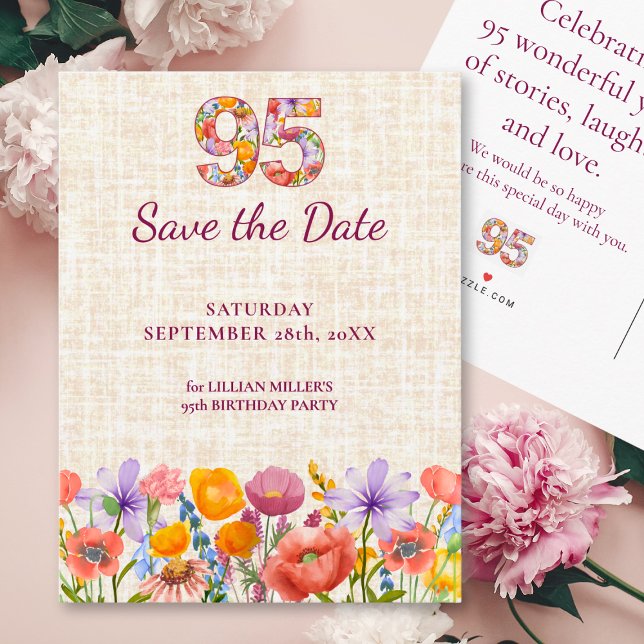 Floral 95th Birthday - 95 Modern Save the Date Announcement Postcard (Creator Uploaded)
