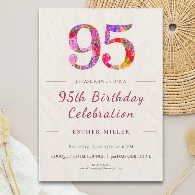 Floral 95th Birthday - Elegant Celebration Invitation (Creator Uploaded)