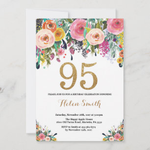 Floral 95th Birthday Invitation Gold Glitter