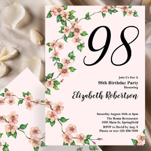 Floral 98th Birthday Invitation in Blush Pink