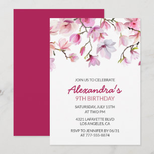 Floral 9th birthday invitation Watercolor Pink