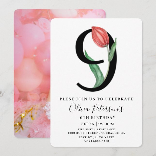 Floral 9th Birthday With Custom Photo Invitation  (Front/Back)