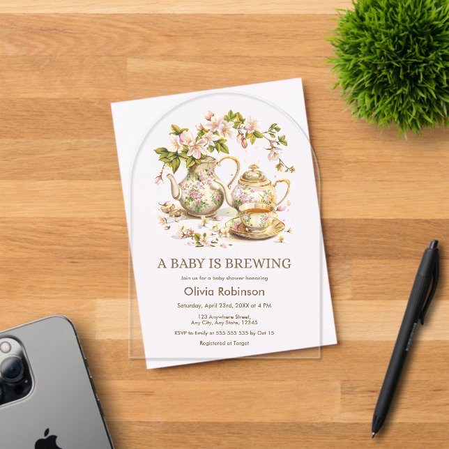 Floral A Baby is Brewing Baby Shower  Acrylic Invitations (Insitu (Invitation Card))