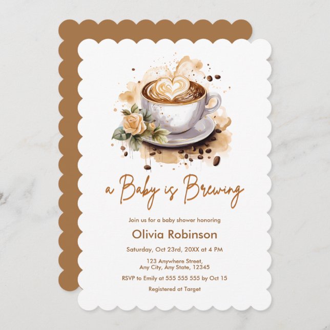 Floral A Baby is Brewing Brown Coffee Baby Shower  Invitation (Front/Back)