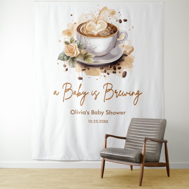 Floral A Baby is Brewing Brown Coffee Baby Shower Tapestry (In Situ)