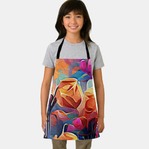Floral Abstract Art Orange Red Blue Flowers Apron